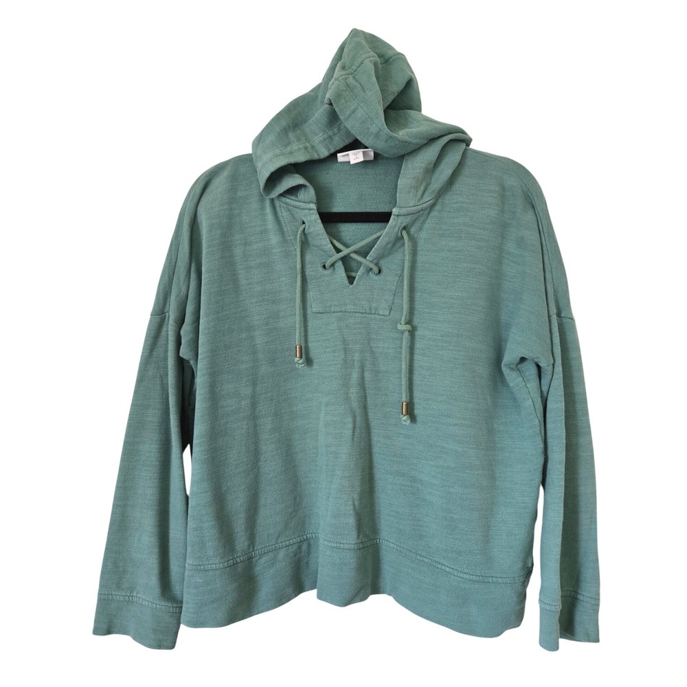 J. Jill Womens S Petite Hoodie Green Lace Up Cotton Slub Knit Pullover Comfy